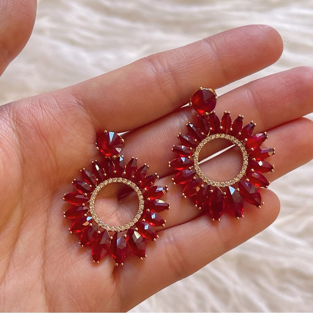 14k Gold Plated Ruby Red Sunburst Circle Crystal Statement Earrings